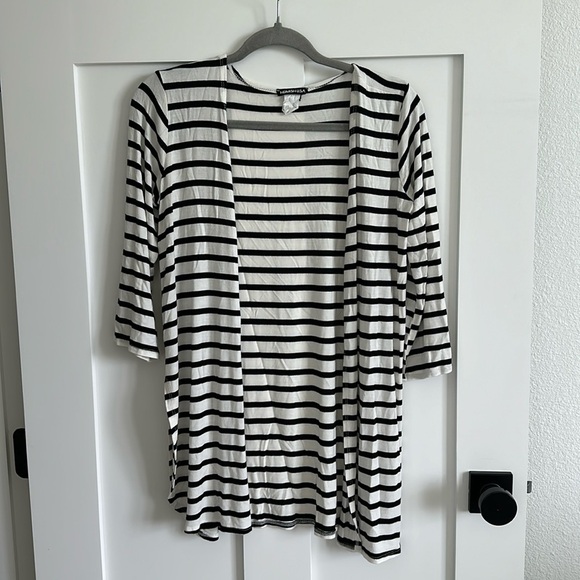 Heimish USA Women's S Open Front Lightweight Cardigan White Black Stripe Preppy - Picture 1 of 8